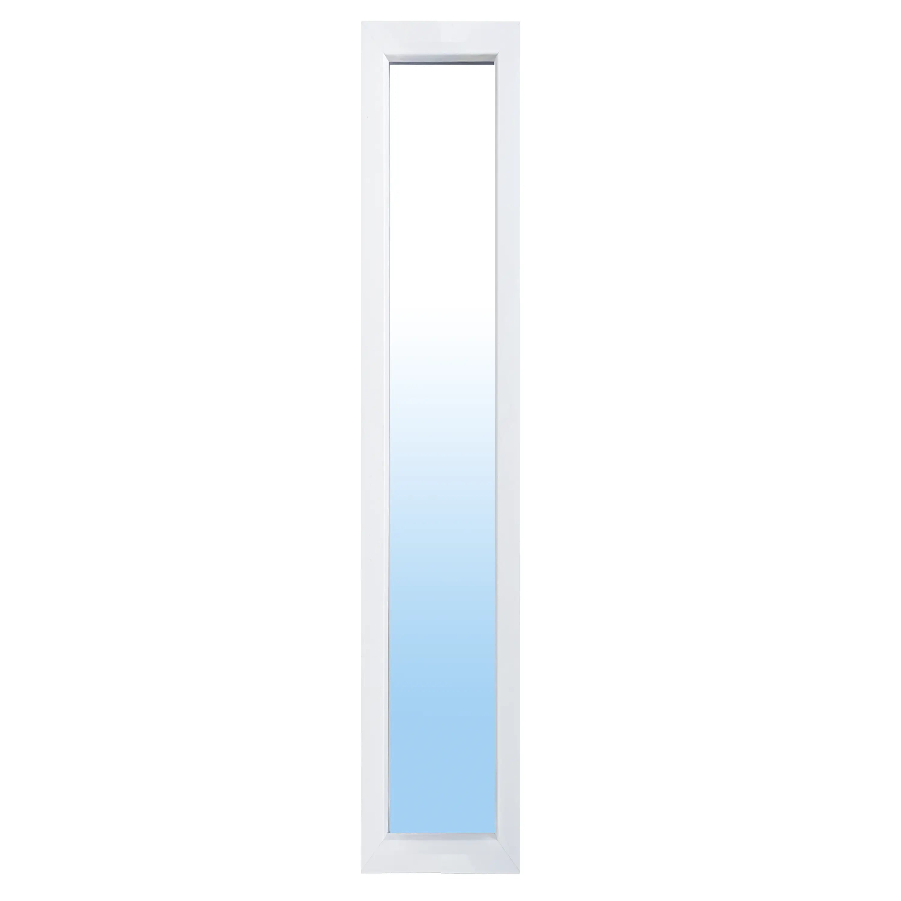 A tall, narrow 7x64 inch white window frame for a modern entry door or sidelite.