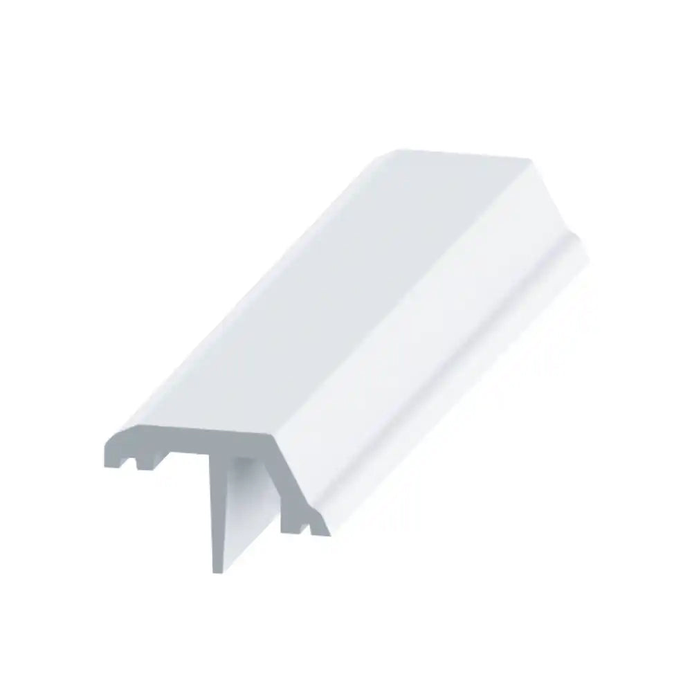 A close-up of a short, angled piece of a white door lite frame profile, showing its cross-section which includes a T-shaped barb on the bottom for installation and a smooth, contemporary moulded top surface.
