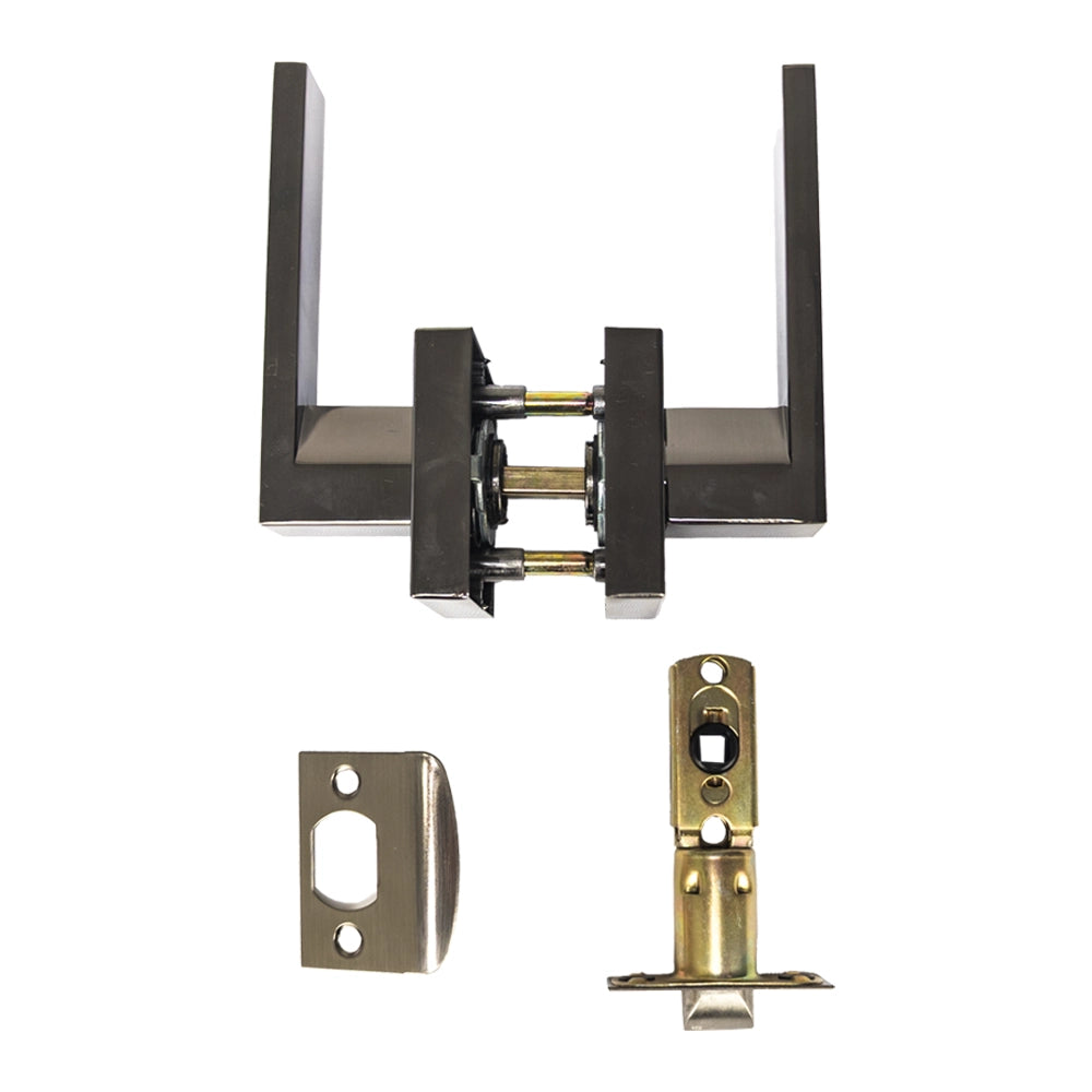 Modern LEver Door Handle with Square Rosette in Gun Metal Grey latch mechanism and strike plate